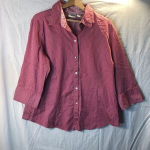 Chico's Size 3 Red White Striped Button Up Shirt Cotton Blend